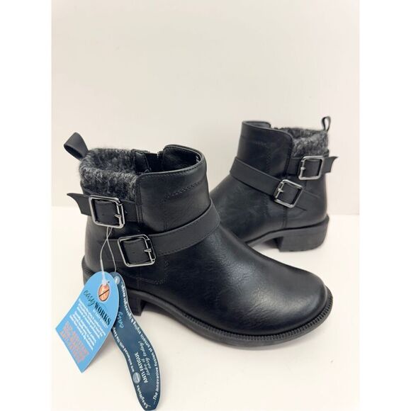 Easy Streets Booties Size 5 Black Block Heel Faux Fur Lug Outsole Faux Leather - Picture 4 of 8